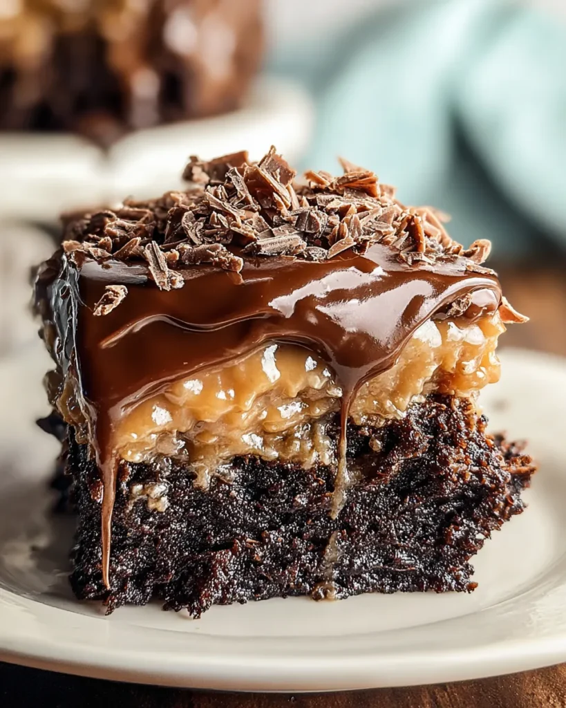 German Chocolate Poke Cake Ready to Serve
