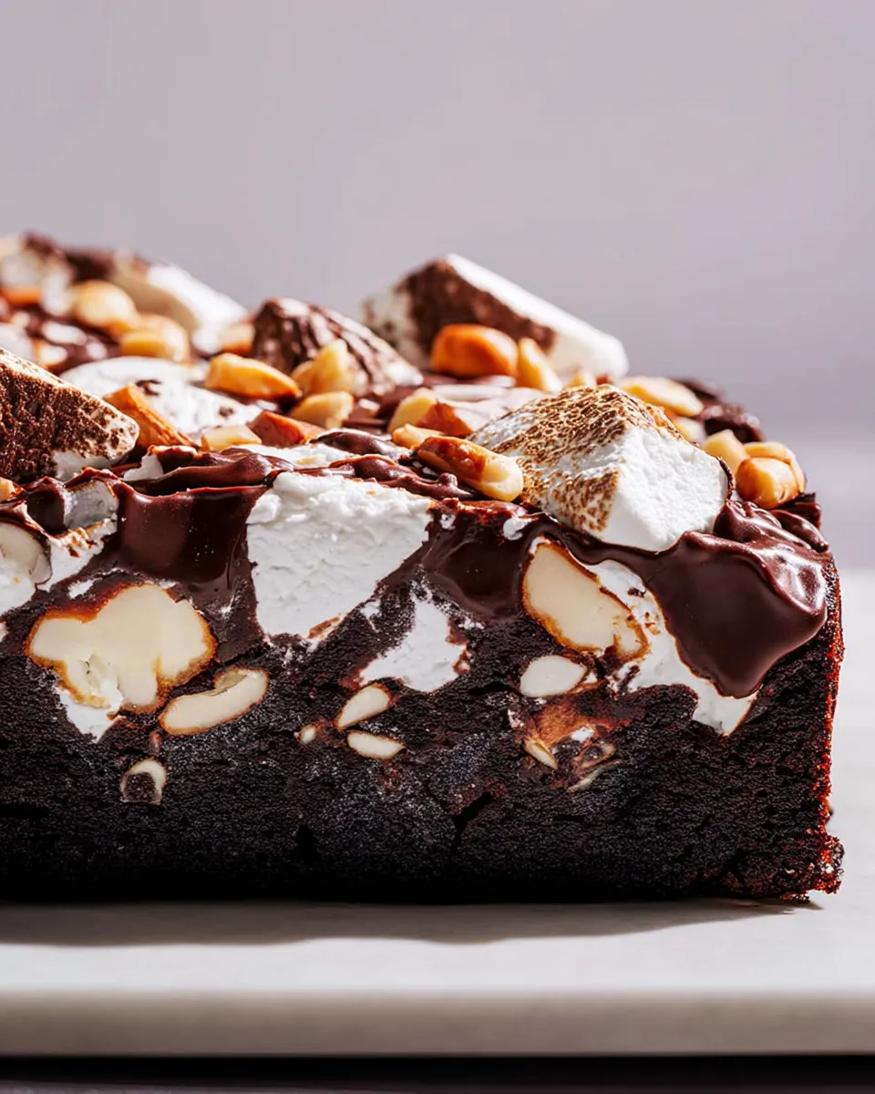 Rocky Road Brownie Cake Slices on a Decorative Plate